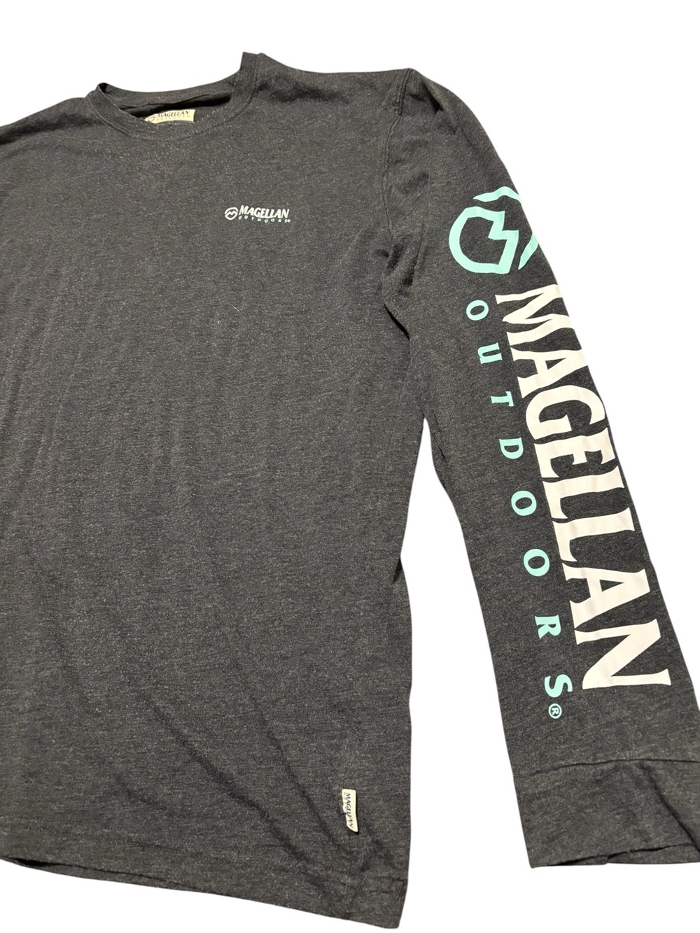 Magellan Outdoors Men's Long Sleeve Logo Tee - Charcoal with Teal Accent Size L